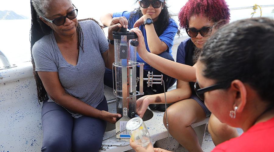 Scientists on boat with pH sensor