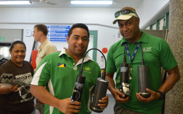 Participants from our Ocean Acidification Monitoring Workshop in Fiji hold the pH sensors