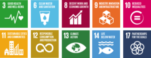 3: Good Health and Well-Being. 6: Clean Water and Sanitation. 8: Sustained, inclusive and sustainable economic growth, full and productive employment, and decent work for all.  9: Industry, Innovation and Infrastructure. 10: Reduced Inequalities. 11: Sustainable Cities and Communities. 12: Responsible Consumption and Production. 13: Climate Action. 14: Life Below Water. 17: Partnerships for the Goal.